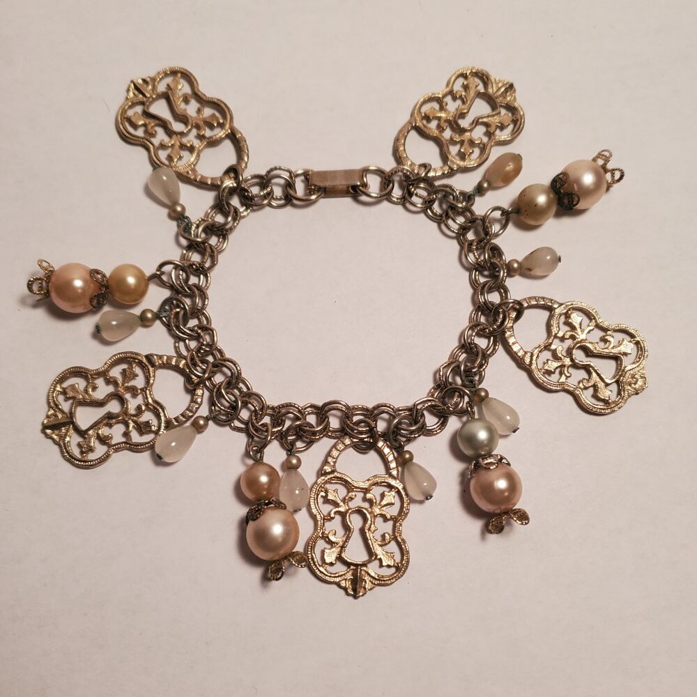 Vintage Gold & Pearl Charm Bracelet